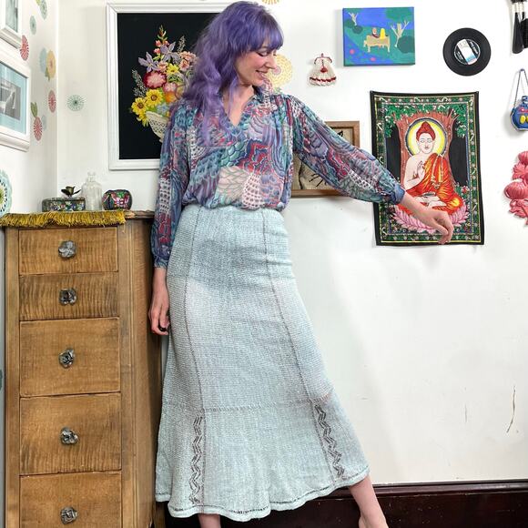 Vintage Mary Farrin Crochet Skirt, 1970s Blue & Silver Open Knit Maxi, Sz XS-S - Picture 10 of 10